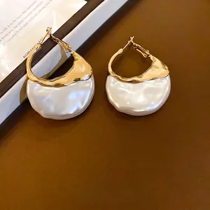 French vintage gold pearl earrings with textured irregular crescent pendant for women