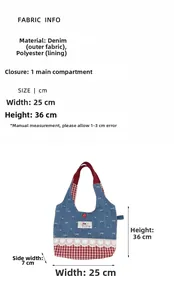 Detailed dimensions of the red and blue lace patchwork handbag with fabric specifications