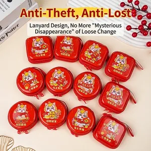 Red tinplate mini coin purse with cartoon horse graphics and zipper closure for kids