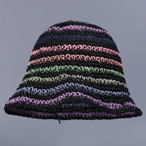 Detailed view of handmade crochet bucket hat with colorful stripes and breathable texture