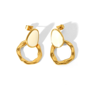 Detail of 18K gold-plated bohemian earrings with white teardrop enamel and hoop charm