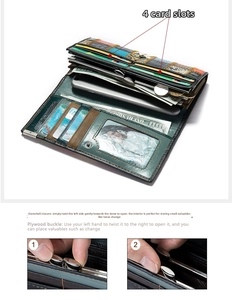 Vue détaillée du portefeuille en cuir avec fentes pour cartes et fermoir rotatif en métal