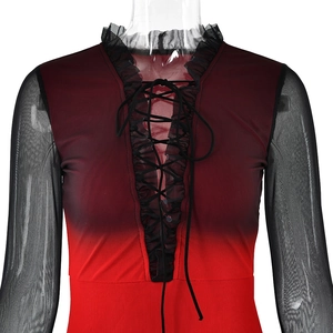 Detail of red-black gradient dress with mesh sleeves and lace-up ruffle neckline