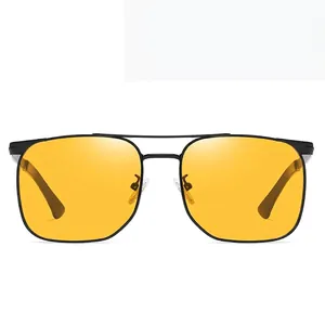 Fashionable square frame sunglasses with yellow lenses and matte black double bridge frame