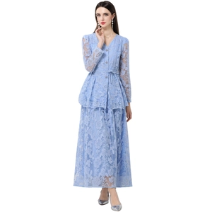 Elegant blue lace maxi dress with V-neck, lantern sleeves and waist tie detail