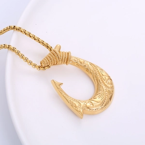 Gold 18k plated stainless steel Viking fish hook pendant necklace with tribal engraving