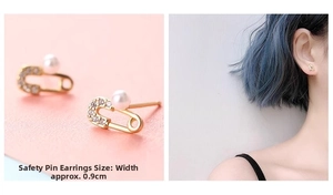 Detail of safety pin earring with white pearls and cubic zirconia, width approx 0.9cm