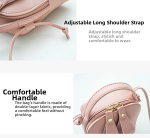 Detail view of pink leather bag showing adjustable shoulder strap and double-thickened handle