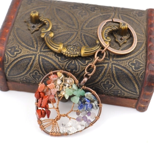 Detail of tree of life heart keychain with multi-color crystal stones and bronze wire