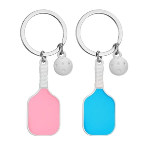 Pink and blue pickleball paddle keychains with white balls in a high-quality metal finish