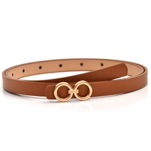 Close-up of brown leather belt with gold double circle buckle on white background