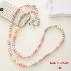 Colorful macaron beaded phone lanyard strap with 1200mm length and rose flower charms