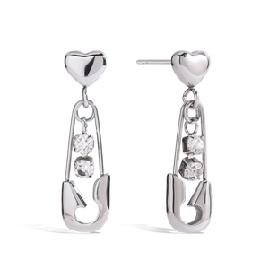 Heart Safety Pin Drop Earrings Stainless Steel Cubic Zirconia Inlaid Paperclip Punk Aesthetic Jewelry For Women