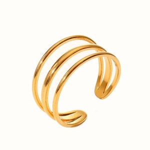 Detailed view of the layered triple-band design on a polished 18k gold-plated open ring