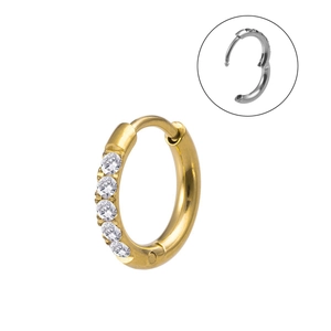 Detail of stainless steel huggie hoop earrings with inlaid zircons in gold and silver
