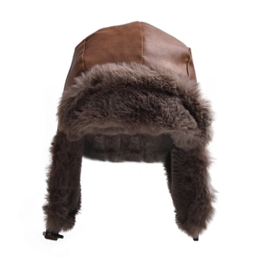 Close-up of brown faux leather trapper hat with thick grey fur lining and chin strap