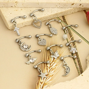 Set of stainless steel piercing rings with moon star butterfly and heart pendants