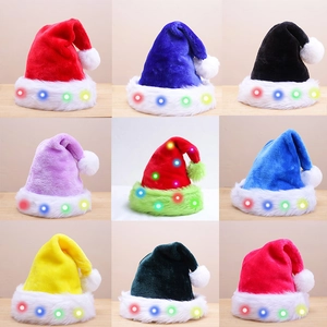 Collage of colorful plush Christmas hats with integrated LED lights for festive decor