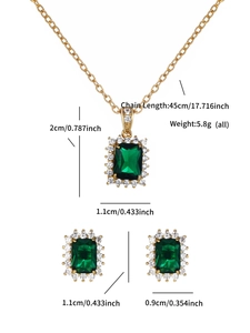 Detailed size chart showing emerald zircon pendant and earrings jewelry set dimensions