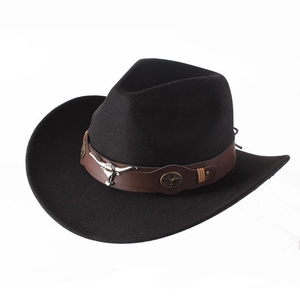 Classic black wool cowboy hat with brown leather band and silver bull head metal ornament