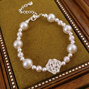 Beaded Artificial Pearl Bracelet With Zircon Rose Flower Charm Copper Adjustable Light Luxury Elegant Jewelry For Women