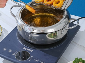 Vue détaillée de la friteuse en acier 304 avec thermomètre et support de vidange d'huile