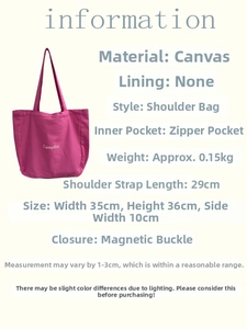 Detailliertes Datenblatt der Camellia Canvas-Tasche mit Maßen und Magnetverschluss
