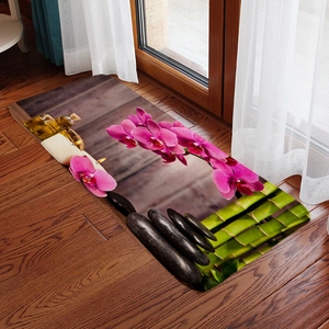 Alfombrilla de baño absorbente con estampado de orquídeas y bambú sobre madera
