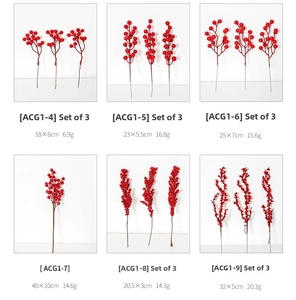 Detail view of 6 types of artificial red berry stems pack of 3 for Christmas decoration