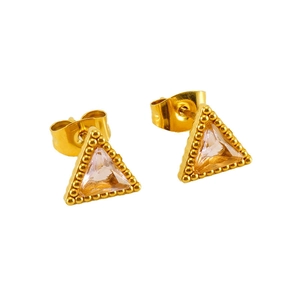 Detailed view of gold triangle stud earrings with champagne zircon and milgrain edges
