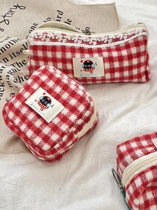 Red and white checkered tweed storage pouch set with lace trim and zipper closure
