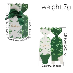 White candy gift box with green leaf pattern and ribbon, including assembly dimensions