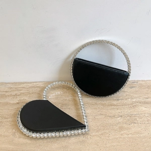 Heart Shaped Evening Bag Rhinestone PU Leather Round Ring Handle Clutch For Women Elegant Party Wedding Accessory