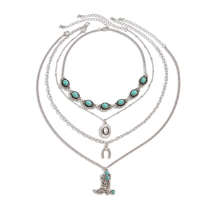 Bohemian multi-layer necklace with turquoise beads, horseshoe and cowboy boot charms