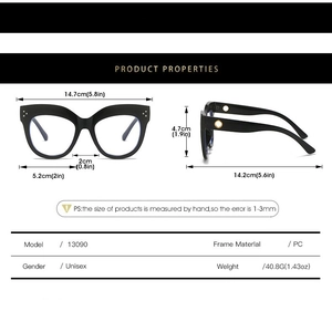 Detailed size chart of black cat-eye glasses with dimensions and PC material specifications