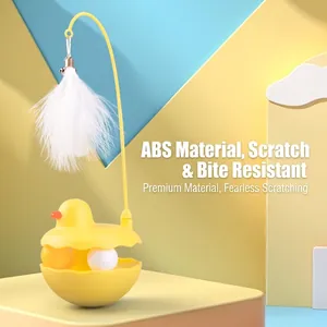 Interactive yellow duck cat tumbler toy with white feather and durable ABS plastic material