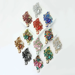 Elegant floral alloy brooch with large crystal and colorful rhinestones in multiple colors