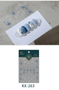 Detailed view of KX-263 fantasy watercolor nail stickers with blue floral vine patterns