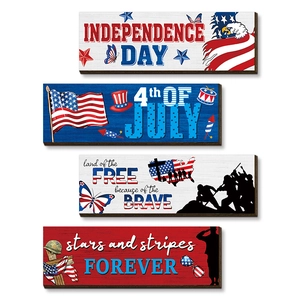 Set of 4 American 250th anniversary wooden plaques with red and blue patriotic star designs