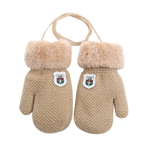 Winter knitted fleece-lined toddler mittens in camel color with warm plush cuffs and neck rope