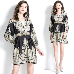 Women V-Neck Lantern Long Sleeve Paisley Print Chiffon Mini Dress With Belt Vintage Bohemian Vacation Style
