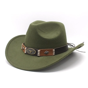 Detailed view of dark green wool felt cowboy hat with leather band and bull head buckle