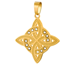 Detail of 18k gold plated Celtic knot pendant featuring sparkling inlaid rhinestones