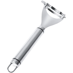 Stainless steel corn peeler with serrated blade and hanging loop for kitchen use