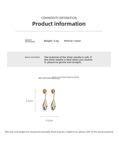 Detailed view of dual-tone teardrop earrings showing silver needle and copper body dimensions