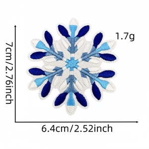 Blue and white snowflake embroidery patch with exact dimension measurements 7cm by 6.4cm