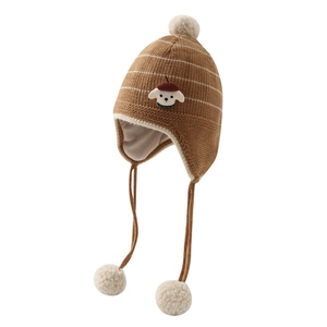 Cute puppy striped knit hat for kids with ear flaps and plush pom-poms for winter
