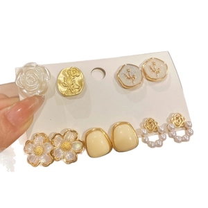 Elegant 6-pair gold floral pearl earring set with retro French style studs and charms
