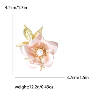 Detail view of pink enamel flower brooch with gold leaves, pearl center and dimensions