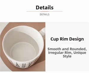 Detailed macro view of the irregular rim and hand-painted lines on this stoneware mug